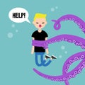 Young screaming character attacked by octopus / flat ve