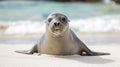 Young seal lying on a sandy beach with curious eyes and whiskers, with waves gently breaking in the background
