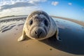 Young seal pup on the seashore, wide angle view