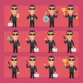 Young security guard in black suit in different poses and emotions Pack 1. Big character set