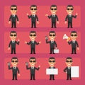 Young security guard in black suit in different poses and emotions Pack 2. Big character set
