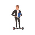 Young self-confident business man standing on electric hoverboard and holding folder. Guy in formal suit. Modern