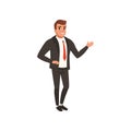 Young self-confident business man standing and waving hand. Cartoon male character in classic black suit with red tie Royalty Free Stock Photo