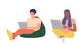 Young self-employed man and woman freelancer cartoon characters working through internet on laptop