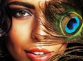 Young sensitive brunette woman with peacock feather eyes close u Royalty Free Stock Photo