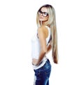 Young sensual model girl pose in studio wearing glasses Royalty Free Stock Photo