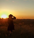 Young sensual woman in black coat standing in the golden autumn field in the evening on sunset Royalty Free Stock Photo