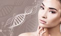 Young sensual woman with vitiligo disease in DNA chains Royalty Free Stock Photo