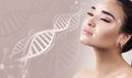 Young sensual woman with vitiligo disease in DNA chains. Royalty Free Stock Photo