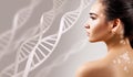 Young sensual woman with vitiligo disease in DNA chains. Royalty Free Stock Photo