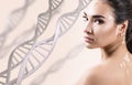 Young sensual woman with vitiligo in DNA chains. Royalty Free Stock Photo