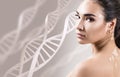 Young sensual woman with vitiligo in DNA chains. Royalty Free Stock Photo