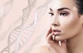 Young sensual woman with vitiligo in DNA chains Royalty Free Stock Photo