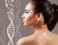 Young sensual woman with vitiligo in DNA chains. Royalty Free Stock Photo