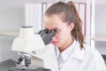 Young Serious female Scientist researcher using microscope Royalty Free Stock Photo