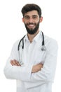 Young serious handsome bearded doctor with white coat and stethoscope. Royalty Free Stock Photo