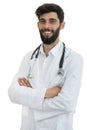 Young serious handsome bearded doctor with white coat and stethoscope. Royalty Free Stock Photo