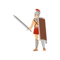 Young serious roman warrior with sword in one hand and shields in other stands isolated on white background Royalty Free Stock Photo