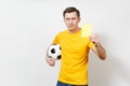 Beautiful European young people, football fan or player on white background. Sport, play, health, healthy lifestyle concept.