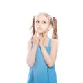 Young seven years old brunette girl in blue dress on a white iso