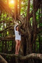 Young sexy barefoot girl in short white dress poses on big banyan tree. Long-legged brunette stands among the branches of a huge