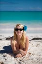 Young blonde woman in bikini near sea Royalty Free Stock Photo