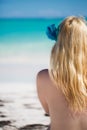 Young blonde woman in bikini near sea Royalty Free Stock Photo