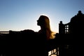 Young blonde woman staying at balcony silhouette Royalty Free Stock Photo