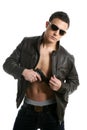 Young boy sunglasses leather and gun Royalty Free Stock Photo