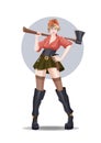 Young sexy girl carpenter with axe in short skirt. Stands on a white background in blue circle. Vector illustration.