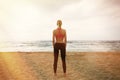 Young Girl Making Sport Workout Empty Sand Beach.Fitness Woman Spending Active Training Session Time Outdoor Sea Royalty Free Stock Photo