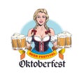 Young sexy Oktoberfest waitress, wearing a traditional Bavarian dress, serving six beer mugs. Attractive blonde german woman. Pinu Royalty Free Stock Photo