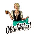 Young Oktoberfest woman wearing a traditional Bavarian dress dirndl dancing and holding beer mug. Royalty Free Stock Photo