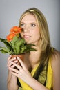 Young summer woman with orange daisy flowers Royalty Free Stock Photo