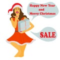 young sexy woman in red dress and hat holds gift box for New Year and Christmas. The girl opens a big surprise gift. Vector Royalty Free Stock Photo