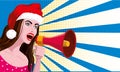 Young sexy woman in red hat Santa shouting in megaphon, loudspeaker. Female cartoon character announcing for advertising Royalty Free Stock Photo