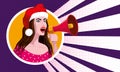 Young sexy woman in red hat Santa shouting in megaphon, loudspeaker. Female cartoon character announcing for advertising Royalty Free Stock Photo