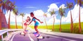 Young sexy woman on skateboard riding palm road Royalty Free Stock Photo