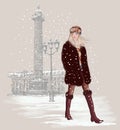 Young sexy woman at Vendome square in Paris under snow Royalty Free Stock Photo