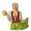 Young sexy Oktoberfest woman holding beer mug. Vintage vector engraving