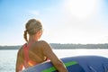 Girl family man woman are doing yoga on a sup Royalty Free Stock Photo