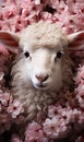 A young sheep in pink flowers Royalty Free Stock Photo