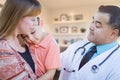 Young Sick Boy and Mother Visiting with Hispanic Doctor in Office