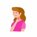 Young sick girl suffering from sore throat, holding on her neck. Cartoon flat isolated illustration on a white background.