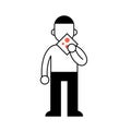 Young sick man with bloody handkerchief in his hand. Lung disease. Minimal black and white outline icon. Flat vector