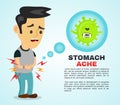 Young sick man having stomach ache, food poisoning, stomach problems, abdominal pain . Vector flat cartoon character illustration