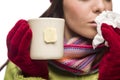 Young Sick Woman Holding Cup with Blank Tea Bag Hanging Royalty Free Stock Photo