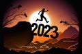 A young silhouette man jump between 2022 and 2023 years over the sun and through on the gap of hill evening sky