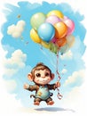 A small monkey holding onto a balloon is soaring through the clear blue sky.