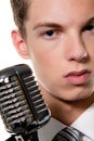 Young singer with retro mic sing karaoke Royalty Free Stock Photo